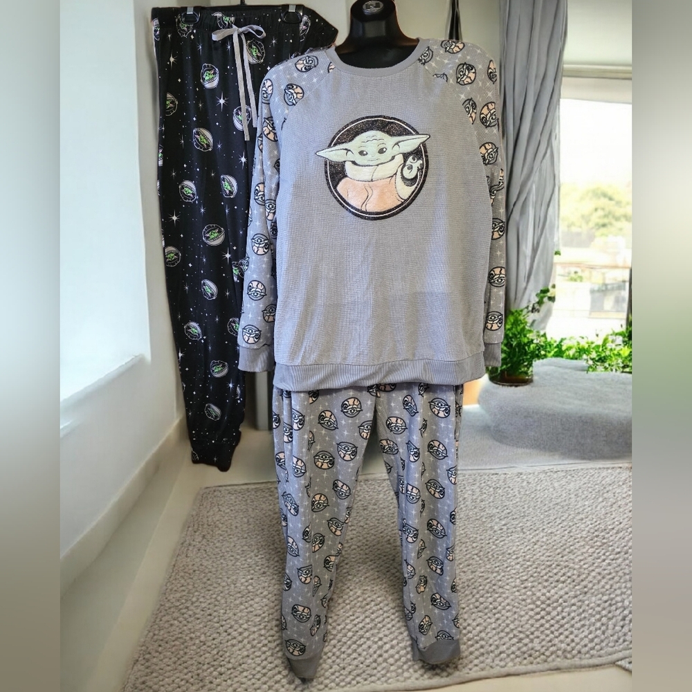 Star Wars Grogu Baby Yoda Ladies Pajamas 3-Piece Set Bundle Gray and Black